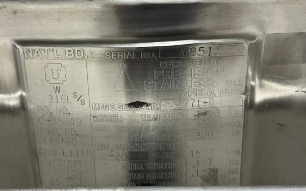 One of 4 Available Used 600 Liter Precision Stainless Jacketed Receiver Vessels, 316L SS Construction - Image 4