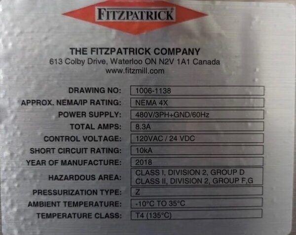 One Used Fitzpatrick Fitzmill Model D6A Stainless Steel Construction - Image 8