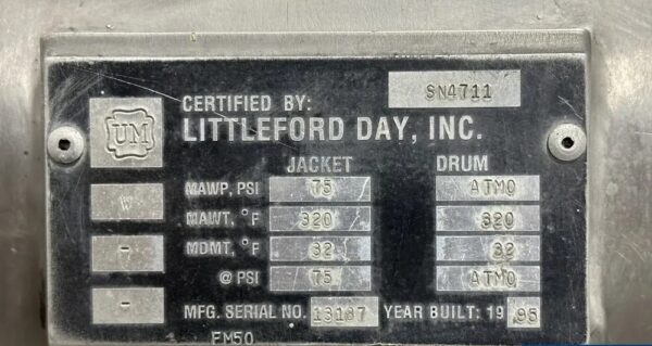 One Used 1.8 Cu Ft Littleford Mixer, FM 50D-1Z, S/S, JKT - Image 7