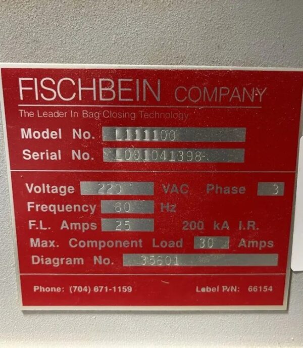 One Used Fischbein Pinch Inner Liner Bag Sealer, Type PILS200, Model L111100 - Image 2