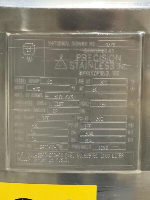 One Used 1000 Liter Precision Stainless Reactor, 316L S/S, 50/125# - Image 6