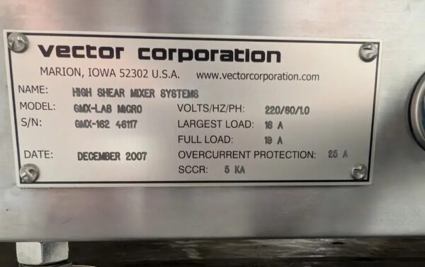 One Used Vector Lab High Shear Mixer, Model GMX-Lab Micro - Image 2