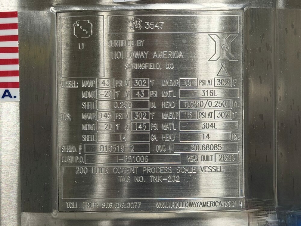 One Used 200 Liter Holloway America Bioreactor, 316L S/S, 43/145# - Image 2