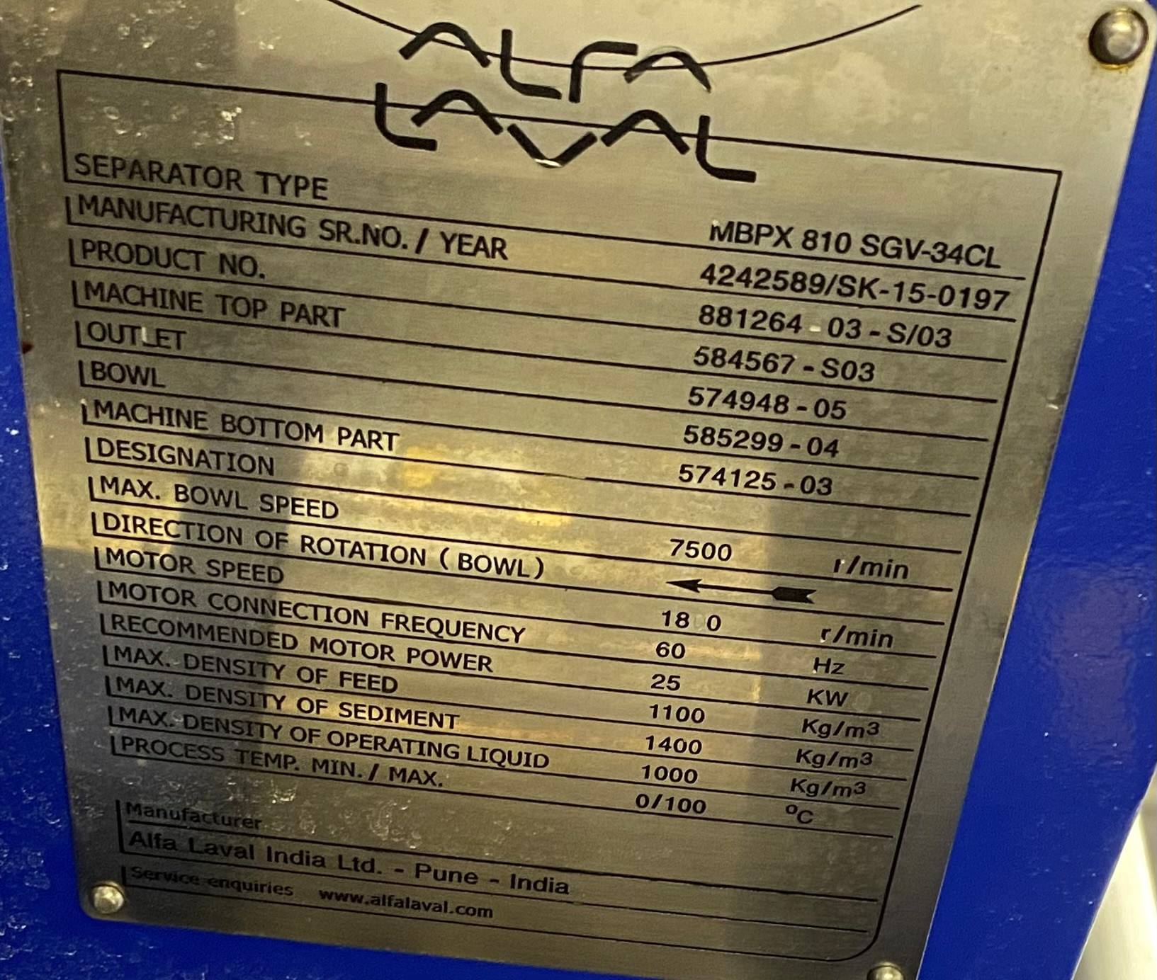 One Used Alfa Laval MBPX 810 Separation System - Image 4